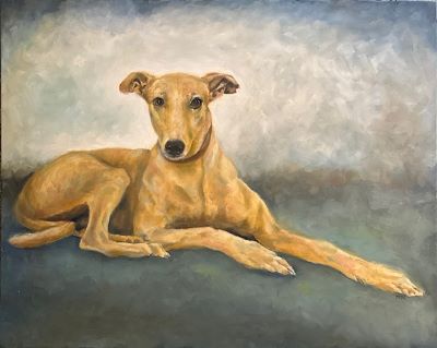 oil painting of a greyhound dog sitting with front legs extended